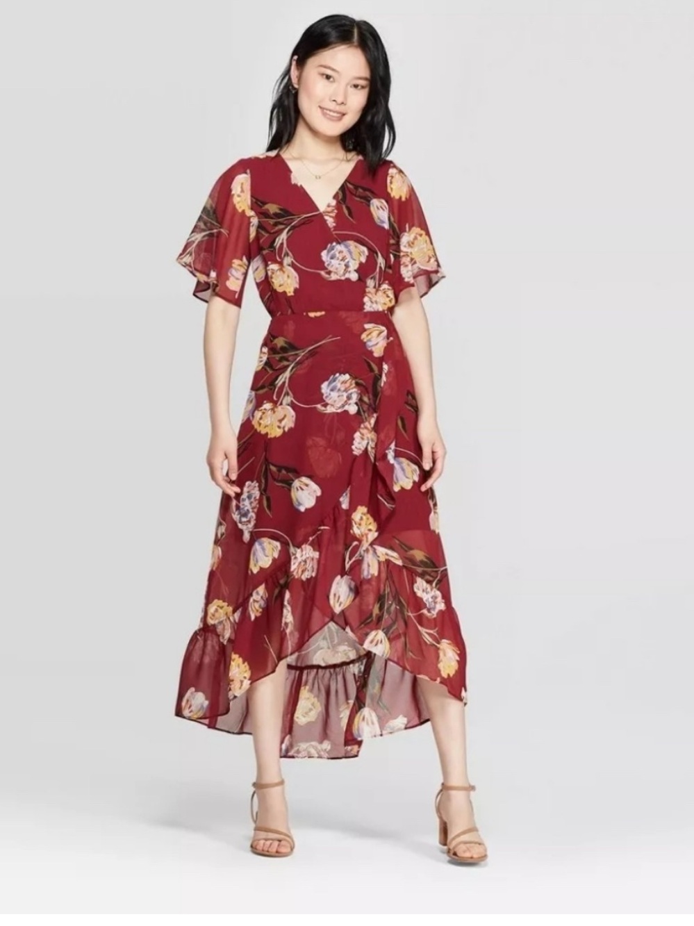 NWT A New Day Burgundy Wrap Ruffled Floral Midi Dress